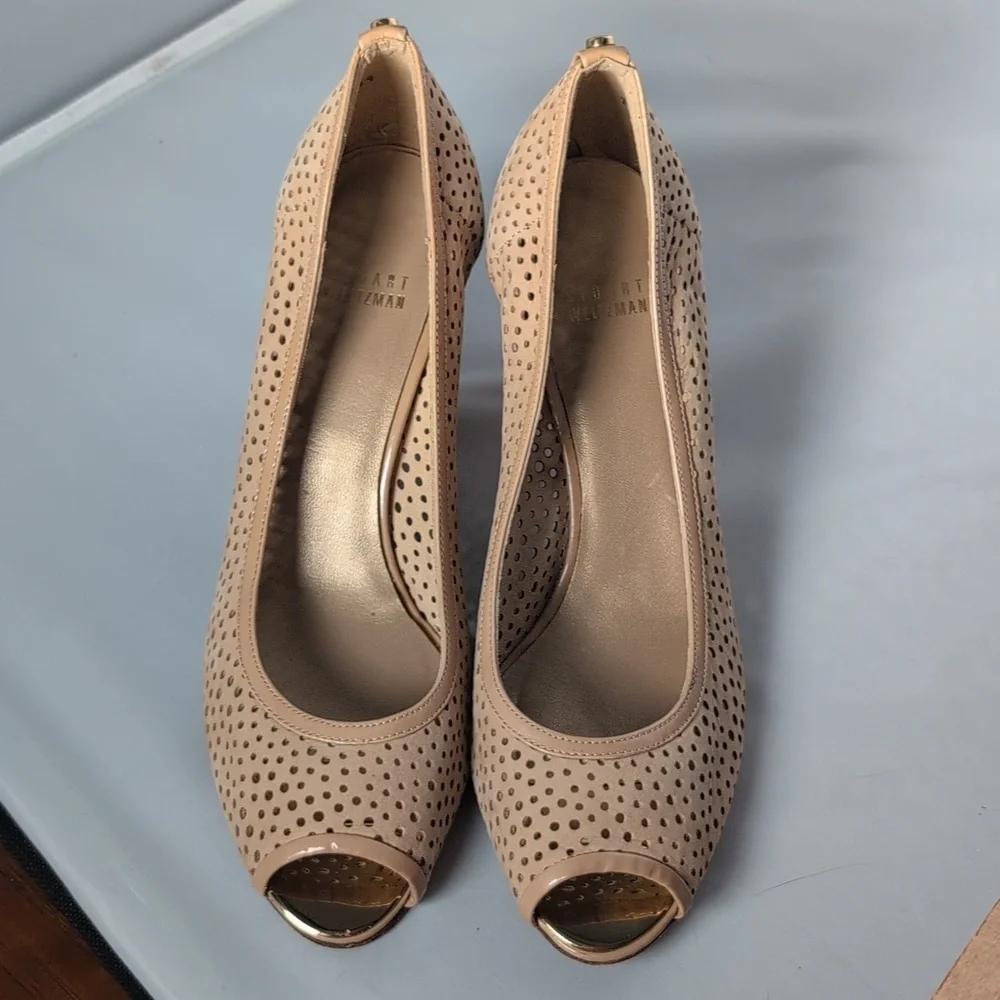 Stuart Weitzman Beige Peep Toe Wedge Sandals Shoes Size 10 M - Picture 2 of 10